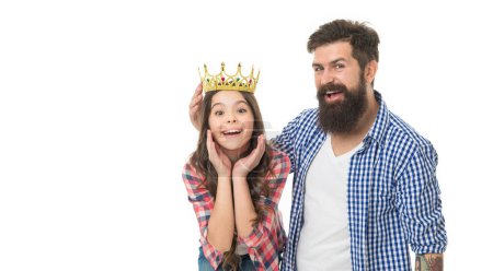 Trust your dreams. Happy girl enjoy success isolated on white. Bearded man crown small child. Crown of success. Success celebration. Successful and proud. Success is state of mind.