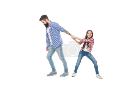 Photo for Opposite opinion. Opposite direction. Misunderstanding and protest. Stay your position. Father kid moving opposite directions. Difficulties being father of teenager. Girl and dad problem relations. - Royalty Free Image