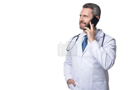 Photo for Physician online isolated on white, copy space. physician online in studio. physician online on background. photo of physician online with phone. - Royalty Free Image