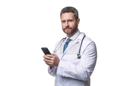 Photo for Physician online in studio. physician online on background. photo of physician online with phone. physician online isolated on white. - Royalty Free Image