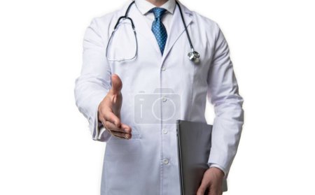 Photo for Doctor presenting emedicine on background. photo of emedicine and doctor man with laptop. doctor promoting emedicine isolated on white. doctor offering emedicine in studio. - Royalty Free Image