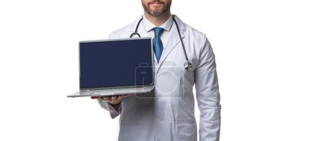 Photo for Cropped photo of emedicine and doctor man with laptop, banner. doctor promoting emedicine isolated on white. doctor offering emedicine in studio. doctor presenting emedicine on background. - Royalty Free Image