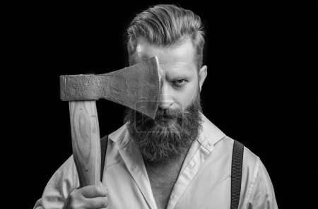 brutal man with ax isolated on black. brutal man with ax in studio. brutal man with ax on background. photo of brutal man with ax.