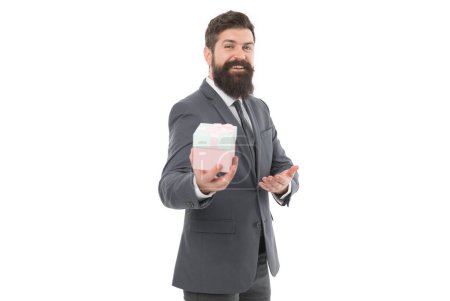 Photo for Nice purchase. businessman in formal suit on party. boxing day. Delivery company business. success and reward. bearded man hold valentines present. happy birthday shopping. Thanks for your purchase. - Royalty Free Image
