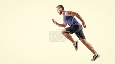 sportsman runner running wearing sportswear, copy space. motion photo of sportsman runner running. sportsman runner running isolated on white background. sportsman runner running in studio.