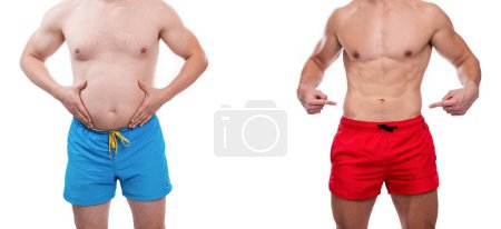 Foto de Antes y después de la comparación corporal de los hombres en el estudio, publicidad. hombres recortados con antes y después de la comparación del cuerpo. foto de antes y después de la comparación del cuerpo. antes y después de la comparación corporal - Imagen libre de derechos