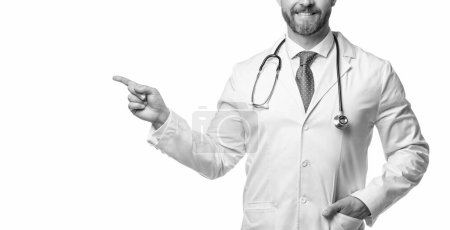 Téléchargez les photos : Cropped view of doctor with stethoscope. doctor isolated on white. medical doctor point finger. - en image libre de droit