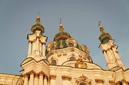 St. Andrews Church In Kyiv. baroque orthodox christianity church in kyiv with cupolas and crosses.