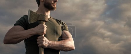 Photo for Strong man with axe. caucasian man hold ax. brutal man on sky background. cropped view. - Royalty Free Image