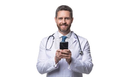 Photo for Happy physician online isolated on white. physician online in studio. physician online on background. photo of physician online with phone. - Royalty Free Image