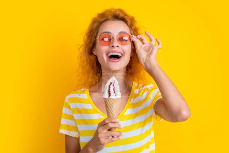 Photo for Happy girl with cone icecream isolated on yellow. girl with cone icecream in studio. girl with cone icecream on background. photo of girl with cone icecream at summer. - Royalty Free Image