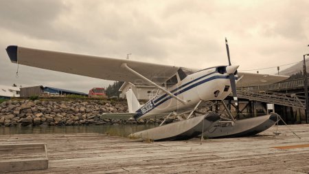 Photo for Wrangell, Alaska USA - May 31, 2019: Cessna 172 floatplane jet at pier. - Royalty Free Image