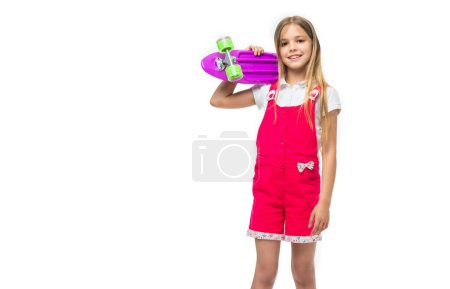 Photo for Teen girl with skateboard in studio, banner. teen girl with skateboard on background. photo of teen girl with skateboard. teen girl with skateboard isolated on white. - Royalty Free Image
