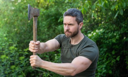 Photo for Man hit with ax wear shirt. man hit with ax outdoor. photo of man hit with ax. man hit with ax. - Royalty Free Image