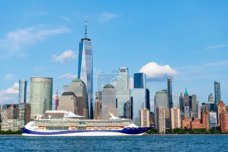 Photo for New York, USA - June 16, 2023: Cruise ship Marella Discovery Manhattan in New York. Skyline of New York Manhattan cruising on the Hudson River cruise liner TUI cruises - Royalty Free Image