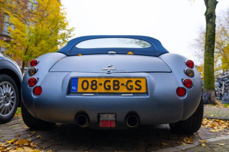 Photo for Amsterdam, Netherlands - November 15, 2021: Wiesmann GT MF5 roadster retro convertible classic sport car parked in autumn, back view. - Royalty Free Image