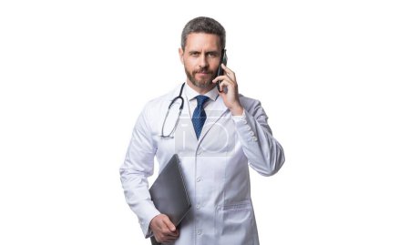 Photo for Physician online in studio. physician online on background. image of physician online with phone. physician online isolated on white. - Royalty Free Image