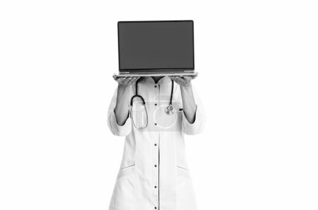 Photo for Online doctor concept. doctor online with laptop isolated on white background. doctor with online laptop in studio. photo of doctor hold laptop for online service wear white coat. - Royalty Free Image