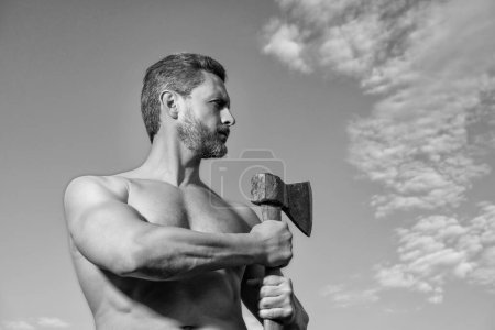 Photo for Shirtless man with axe. caucasian man hold ax. brutal man on sky background. copy space. - Royalty Free Image