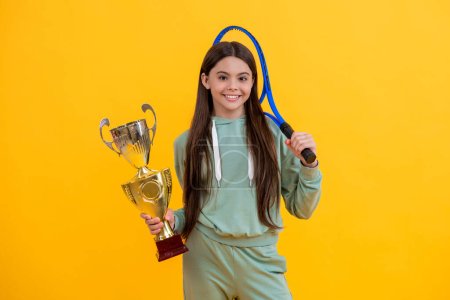 Photo for Skilled tennis champion. teen girl badminton player. teen girl champion on the tennis court. sport champion girl of badminton. girl celebrating as tennis tournament champion. successful teenager. - Royalty Free Image