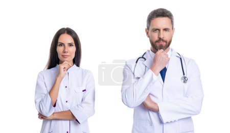 medical and healthcare workers in hospital isolated on white. two doctors represent medicine service. Health insurance. healthcare and medicine. Medicine thinking doctor team.
