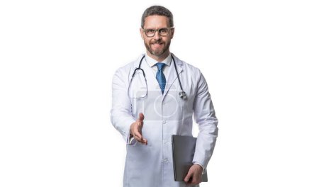 Photo for Photo of happy emedicine and doctor man with laptop. doctor promoting emedicine isolated on white. doctor offering emedicine in studio. doctor presenting emedicine on background. - Royalty Free Image