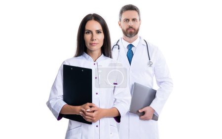 Photo for Prescriber physician with nurse. prescription. medicine and healthcare. doctor at hospital. doctor hold medical prescription. doctor internist with clipboard isolated on white. checklist. - Royalty Free Image