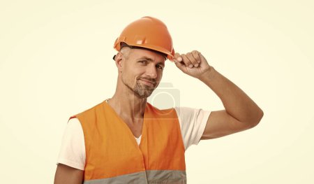 Photo for Smiling man laborer in white studio. man laborer on background. photo of man laborer wearing reflective vest. man laborer isolated on white. - Royalty Free Image