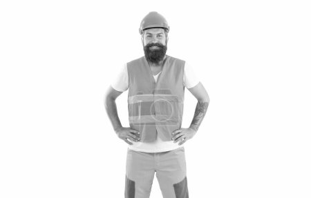 Photo for Positive builder isolated on white background. builder man in uniform. bearded builder in orange vest. studio shot of builder wearing helmet. - Royalty Free Image
