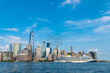 Photo for New York, USA - June 16, 2023: Cruise ship Carnival Veneziaw York. Skyline of New York Manhattan cruising on the Hudson River cruise liner Carnival cruise lines - Royalty Free Image