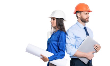 Photo for Architect planning work. Chief engineer and architect in hardhat isolated on white. Safety business. Data protection. Supervisor engineer with blueprint. Plan construction project. Copy space. - Royalty Free Image