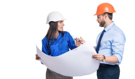 Photo for Architect planning work. Chief engineer and architect in hardhat isolated on white. Safety business. Data protection. Supervisor engineer with blueprint. Plan construction project. Making model house. - Royalty Free Image