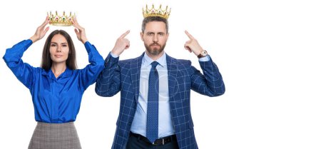 Big boss. Business success and leadership. Successful businesspeople isolated on white. Motivation and reward. Businesspeople in suit. Leadership concept. Business leader in crown. Point finger.