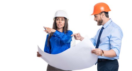 Photo for Plan construction project. Architect planning work. Chief engineer and architect in hardhat isolated on white. Safety business. Data protection. Supervisor engineer with blueprint. Point finger. - Royalty Free Image