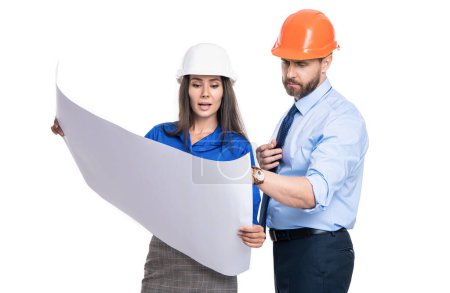 Photo for Project details. Supervisor colleagues. Engineer manager with assistant conduct inspection. Engineering inspection supervisor isolated on white. Inspection by supervisors in office. Teamwork concept. - Royalty Free Image