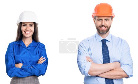 Photo for Engineering inspection supervisor isolated on white. Inspection by businesspeople in office. Architect inspector colleagues. Confident successful team. Businesspeople architect at inspection. - Royalty Free Image