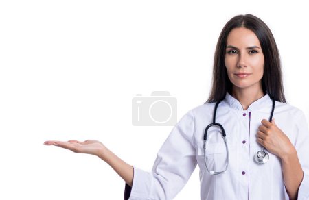 Photo for Medical health advertisement. nurse work in medicine hospital. healthcare physician doctor isolated on white. medicine and healthcare. doctor presenting advertisement. Healthcare marketing. - Royalty Free Image