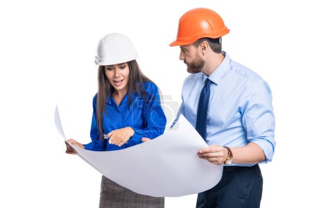 Photo for Supervisor engineer with blueprint. Plan construction project. Architect planning work. Chief engineer and architect in hardhat isolated on white. Safety business. Data protection. Solving problem. - Royalty Free Image