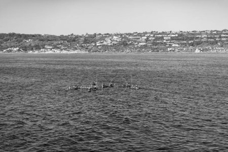 Photo for San Diego, USA - March 28, 2021: group of tourists paddling in tandem kayaks in blue sea water. - Royalty Free Image