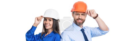 Photo for Supervisor engineer with blueprint. Plan construction project. Architect planning work. Chief engineer and architect in hardhat isolated on white. Safety business. Training skills of new employee. - Royalty Free Image