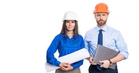 Photo for Safety business. Data protection. Supervisor engineer with blueprint. Plan construction project. Architect planning work. Chief engineer and architect in hardhat isolated on white. Banner. - Royalty Free Image