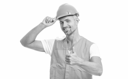 Photo for Man laborer on background, thumb up. photo of man laborer wearing reflective vest. man laborer isolated on white. man laborer in white studio. - Royalty Free Image