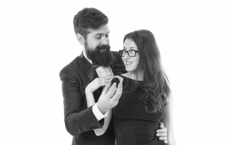 Photo for Always happy together. Man holding box with ring making propose girlfriend. couple in love. marry me on valentines day. making marriage proposal. man and woman on romantic date. unexpected surprise. - Royalty Free Image