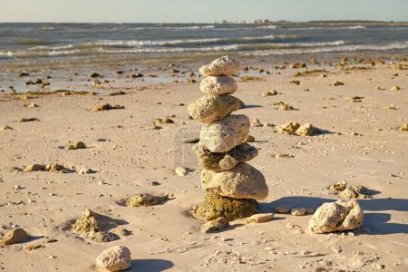 Photo for Nature balance concept. zen like summer. stone pyramid sea. summer nature with pebble. life equilibrium. balance and harmony in life. harmony and balance. zen pebble at beach. symbol of tranquility. - Royalty Free Image