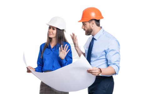 Photo for Architect planning work. Chief engineer and architect in hardhat isolated on white. Safety business. Data protection. Supervisor engineer with blueprint. Plan construction project. Having mistake. - Royalty Free Image