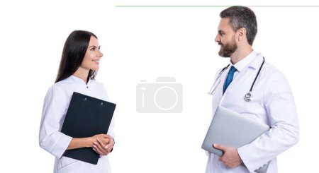 Photo for Professional physician with internist. medicine and healthcare. doctor at hospital. two doctor hold medical prescription. doctor and nurse with clipboard isolated on white. copy space. - Royalty Free Image