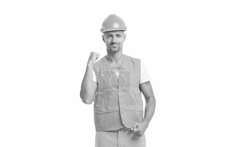 Photo for Successful man engineer on background. photo of man engineer wearing reflective vest. man engineer isolated on white. man engineer in white studio. - Royalty Free Image