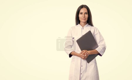 Photo for Nurse and ehealth isolated on white background, copy space. nurse with ehealth laptop in studio. photo of nurse hold laptop for ehealth wear white coat. ehealth from nurse. - Royalty Free Image