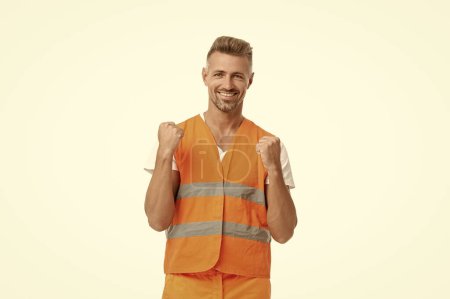 Photo for Successful man supervisor isolated on white. man supervisor in white studio. man supervisor on background. photo of man supervisor wearing reflective vest. - Royalty Free Image