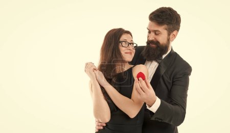 Photo for Crazy in love. man and woman on romantic date. unexpected surprise. Man holding box with ring making propose to girlfriend. couple in love. marry me on valentines day. making marriage proposal. - Royalty Free Image